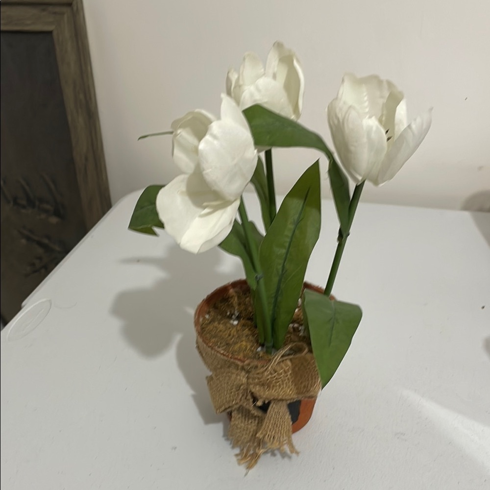Elegant White Floral Arrangement in Burlap Pot